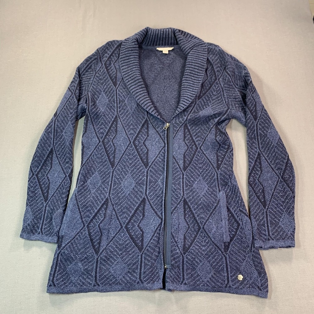 Royal Robbins Sweater Cardigan Womens L Blue Geometric Full Zip Shawl Collar - Picture 2 of 16